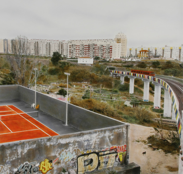 <p>Olaias Tennis club / Blick auf Chelas (Lissabon), 2008 hand-colored b/w silver gelatin print 99 × 104 cm, edition 2 + 1 AP</p>