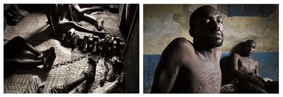 Centre Malemba Yulu in Kinshasa, a traditional psychiatric institution led by the Prophet Mbetado. Patients are chained to engine parts to restrain them for the duration of their treatment and to give symbolic weight to their eventual cure and release, 2003