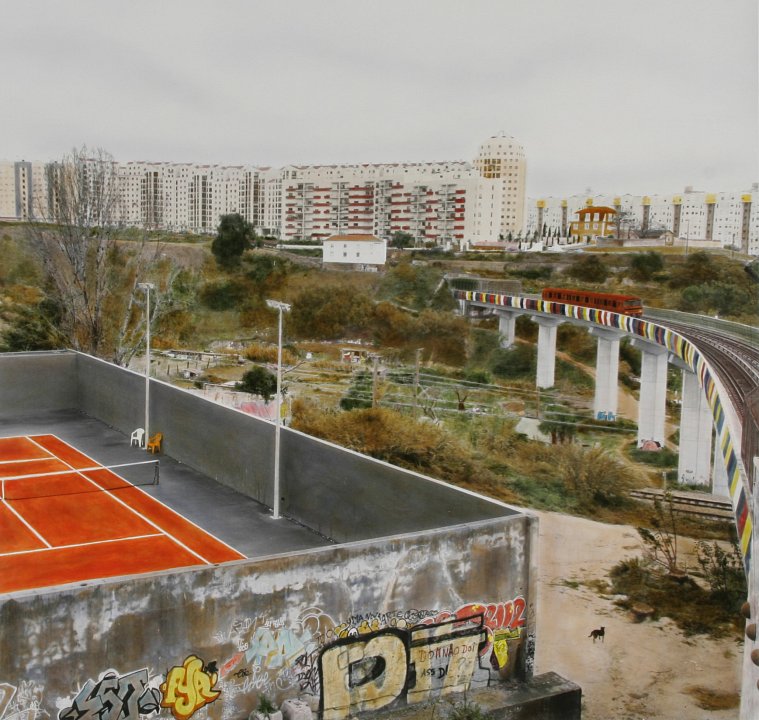 <p>Olaias Tennis club / Blick auf Chelas (Lissabon), 2008<br />
hand-colored b/w silver gelatin print<br />
99 × 104 cm, edition 2 + 1 AP</p>